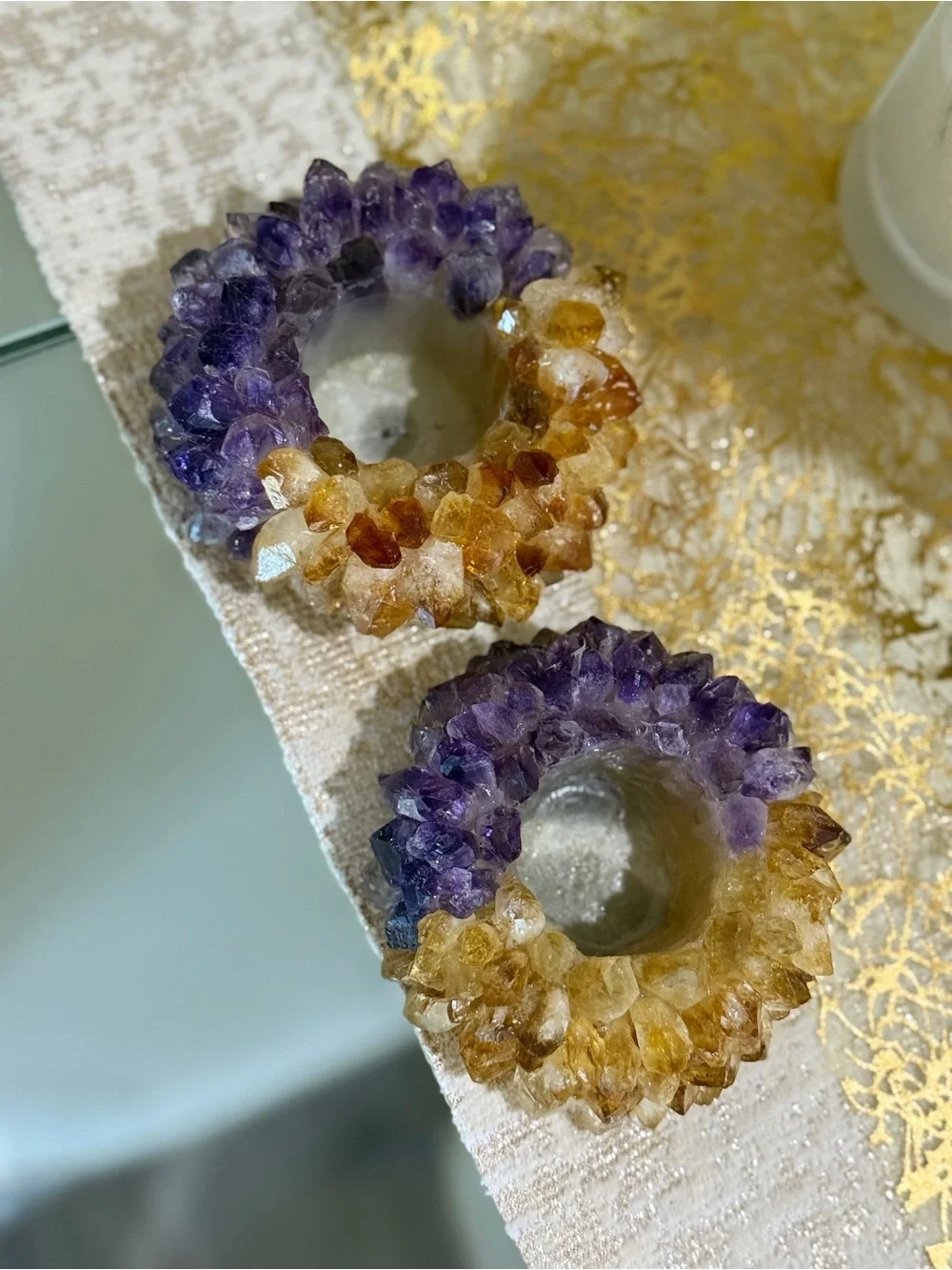 Handmade Amethyst & Citrine Candle Holders, Natural Gems - Set of 2